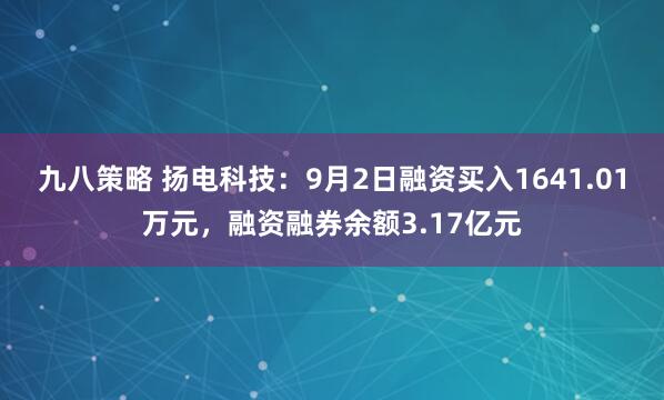 九八策略 扬电科技：9月2日融资买入1641.01万元，融资融券余额3.17亿元